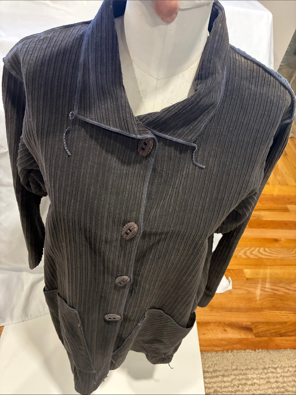 Ribbed Corduroy Tunic Big Pockets Luxury Brand Button-Front Asymmetric Lines